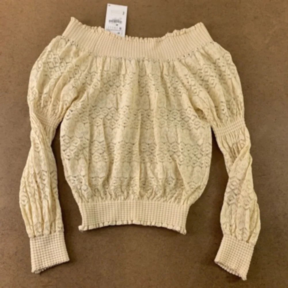 Zara Womens Blouse Beige Geometric Long Sleeve Off Shoulder Ruffle Lace S New